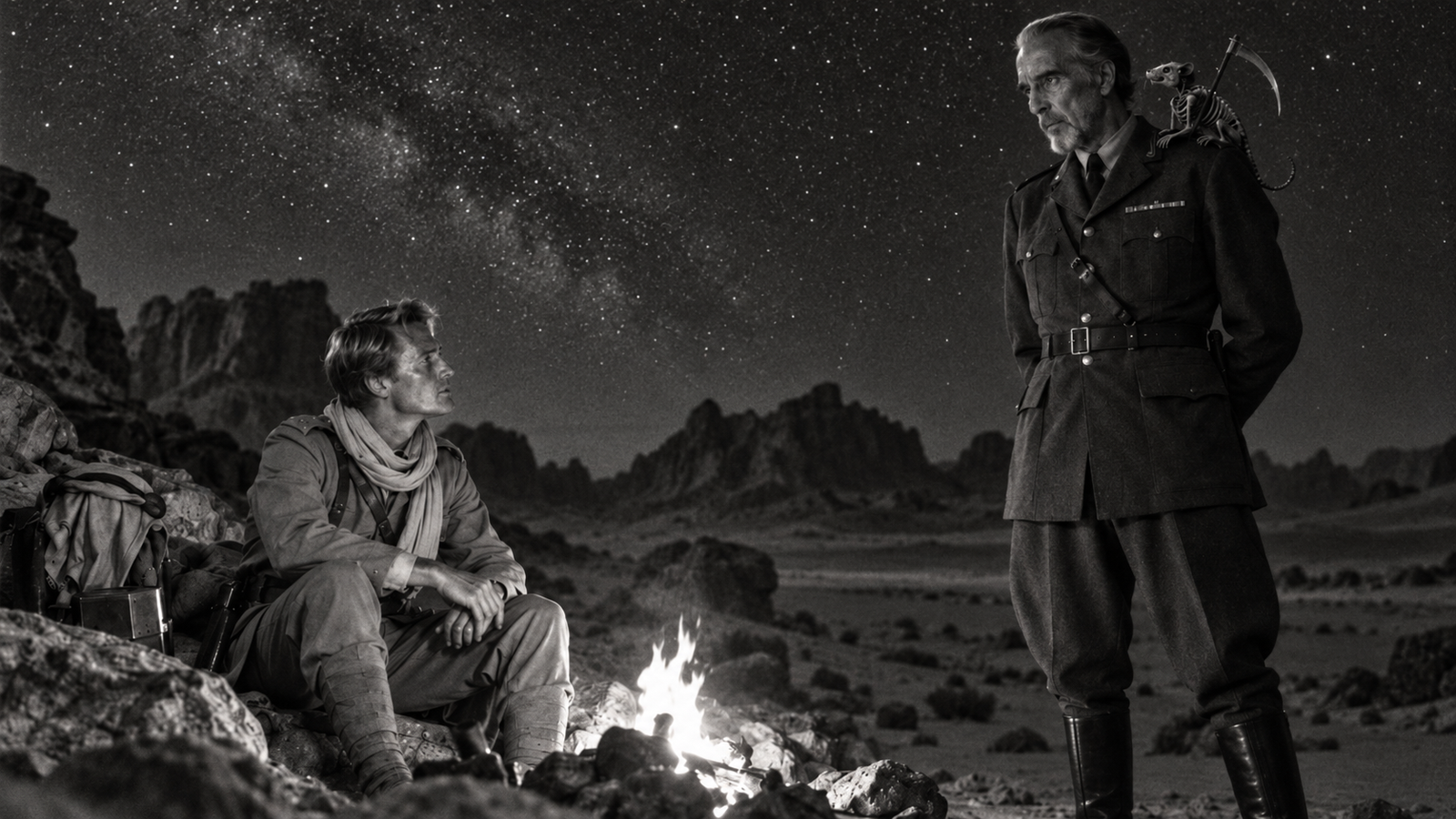 Escena ficticia en blanco y negro de dos hombres junto a una hoguera en el desierto bajo un cielo estrellado, con una pequeña figura esquelética sobre un hombro.